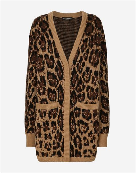 Long wool and cashmere cardigan with jacquard leopard design